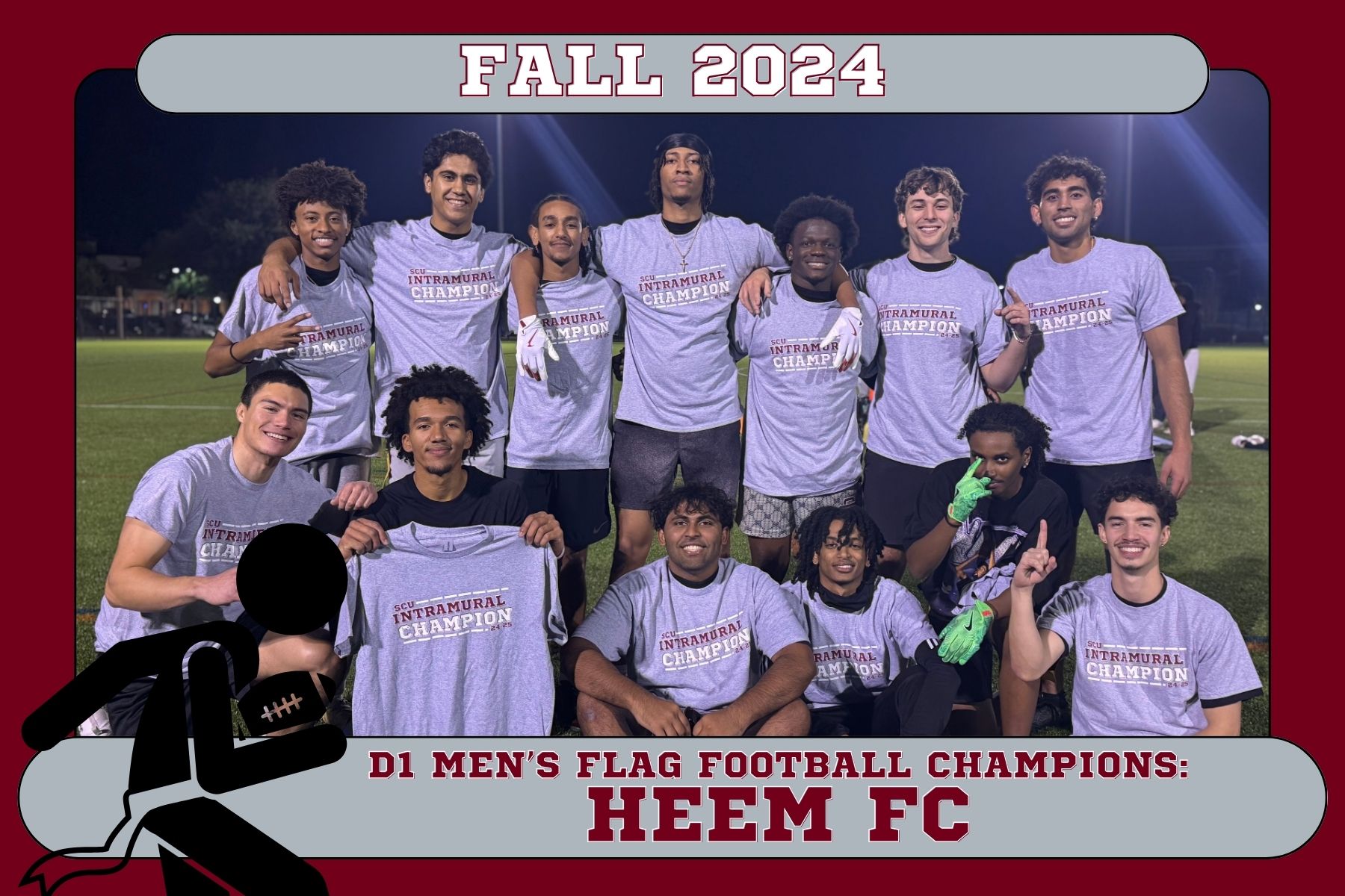 Photo of Heem FC posing on Bellomy Field with their IM Champ t-shirts following their D1 Flag Football Championship win.