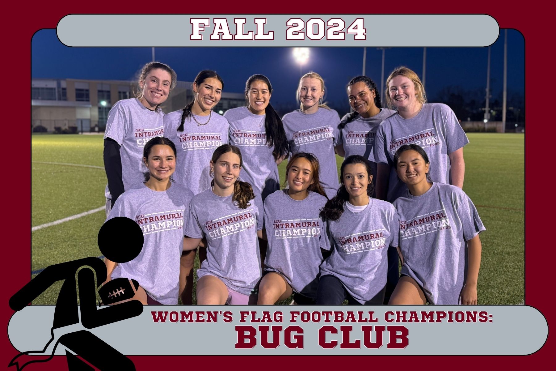 Photo of Bug Club posing on Bellomy Field with their IM Champ t-shirts following their Women's Flag Football Championship win.