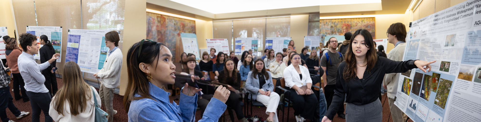 A collage of photos featuring students presenting to an audience at the 2025 Sustainability and EJ Student Research Symposium