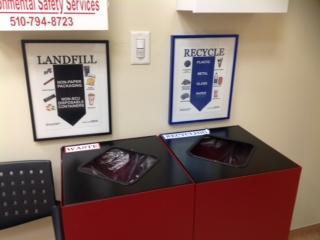 Alt text: Office waste bins labeled for landfill and recyclable items.
