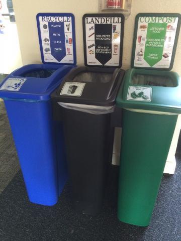 Three labeled waste bins: recycling (blue), landfill (black), and compost (green).