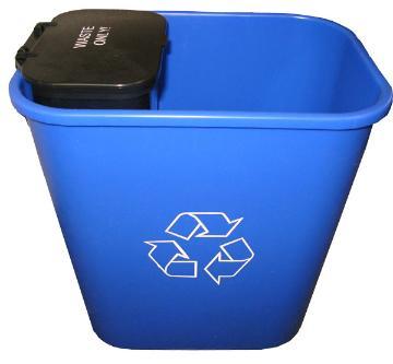 Blue recycling bin with black lid and recycling symbol.