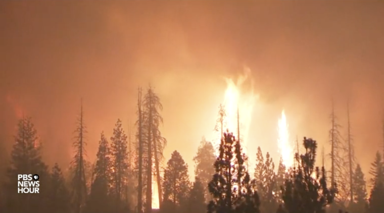 A wildfire with bright flames burns through a California forest, creating orange skies and clouds of smoke