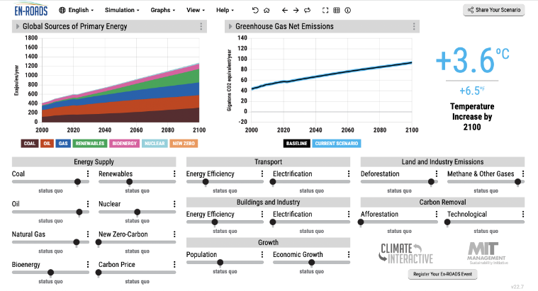 A screenshot of the simulator showing graphs, slider bars, & a calculation of the total temperature increase by 2100