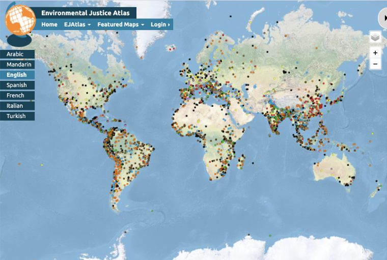 A map of the world covered with multi-colored dots that represent locations experiencing different environmental justice-related conflicts