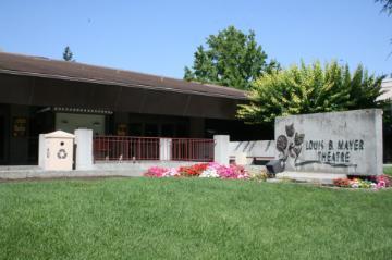 Exterior of Mayer Community Library with green lawn and a few trees.