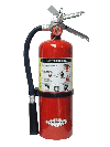 Red ABC fire extinguisher with a black hose and instructions visible.