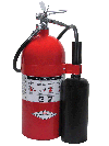 Red carbon dioxide fire extinguisher with black nozzle.