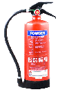 Red dry powder fire extinguisher with attached hose.