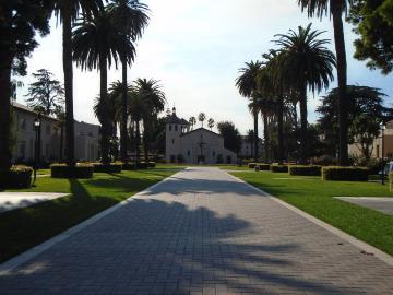 Tree-lined paved walkway with buildings in the background, titled 'Palm Drive'.