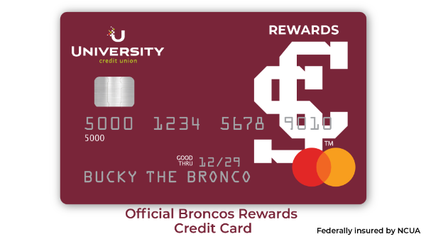 A dark red MasterCard with the University Credit Union and Santa Clara University logos. The card is in Bucky the Bronco's name.