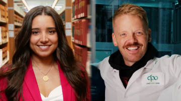 A split screen between a smiling young woman in a blazer and a smiling man in a white lab coat 