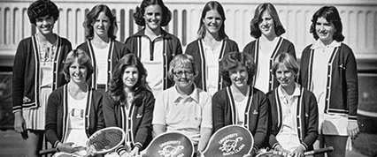 Black and white group photo of a women's sports team.