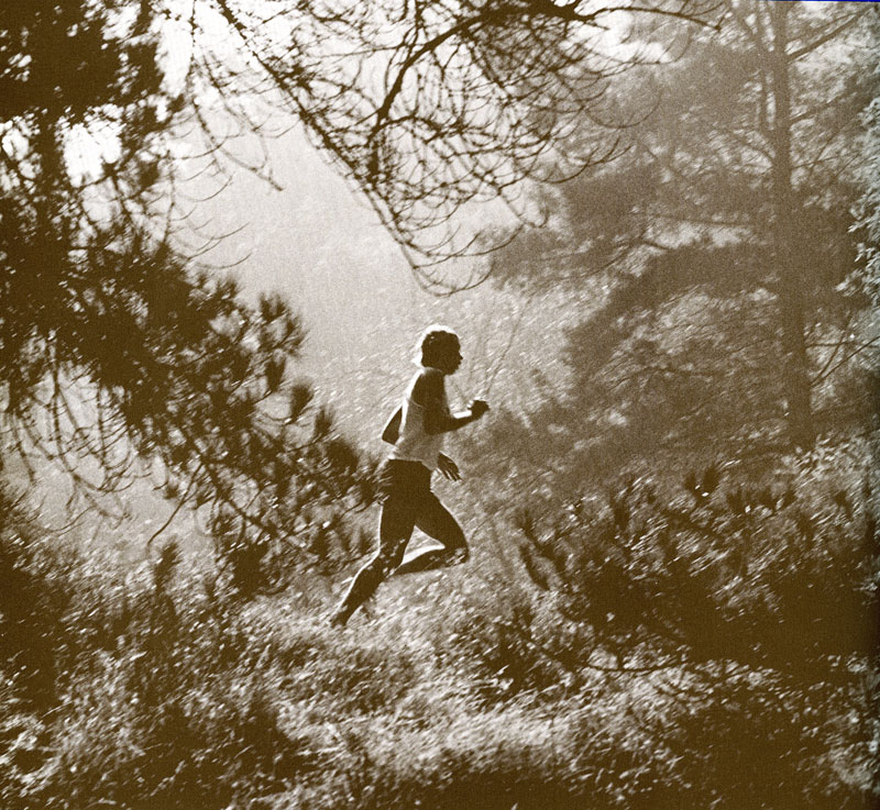 A person running through a misty forest trail.
