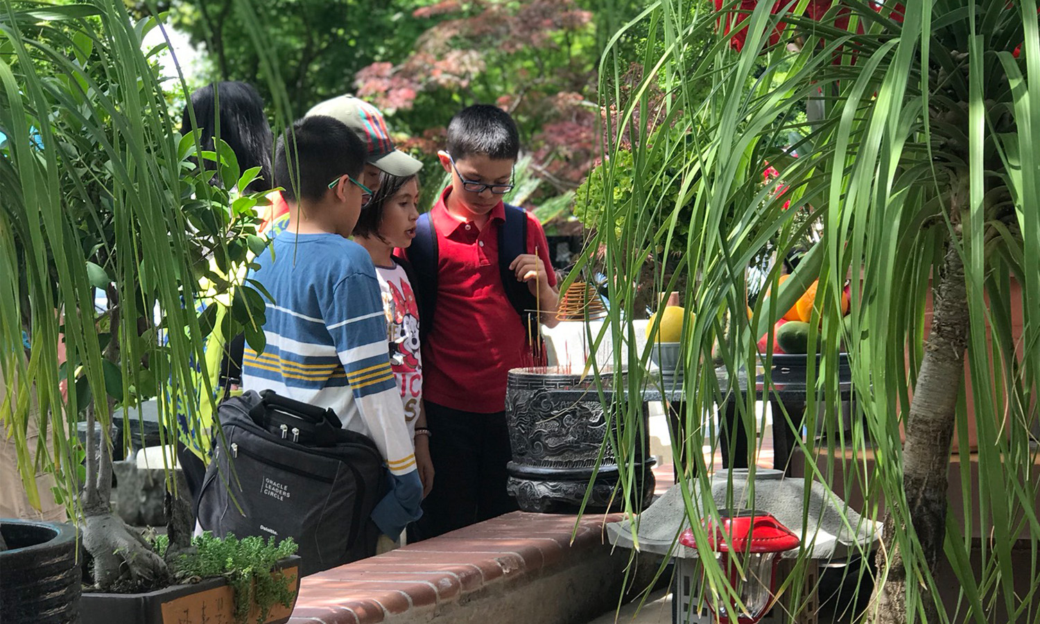 People observing plants in a lush garden.