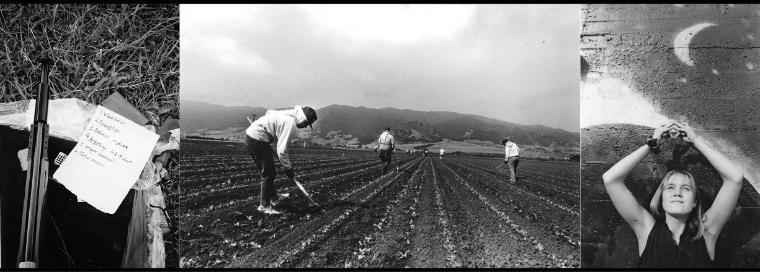 Three black and white photos depicting farmworkers titled 