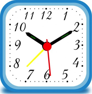 An analog clock with blue border showing 1:57.