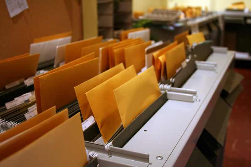 Rows of yellow envelopes organized in a mail sorting facility.