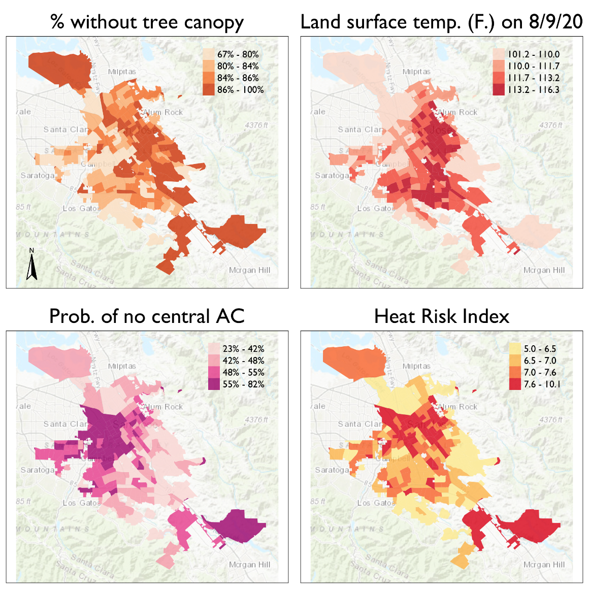 Four maps depicting various heat risks, accessibility, and social vulnerability for different regions.