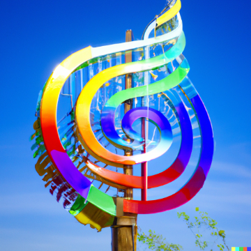 Colorful sculpture with musical notes and rainbow design against a blue sky background.