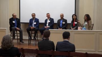 Panelists from left: Ahmed Amer, SCU Computer Science and Engineering; Imran Hajimusa, Exponent;  Jarrett Kolthopff, SpearTip; Ranjeet Khanna, Wipro; Yuhong Liu SCU Computer Science and Engineering; Irina Raicu, SCU Markkula Center for Applied Ethics
