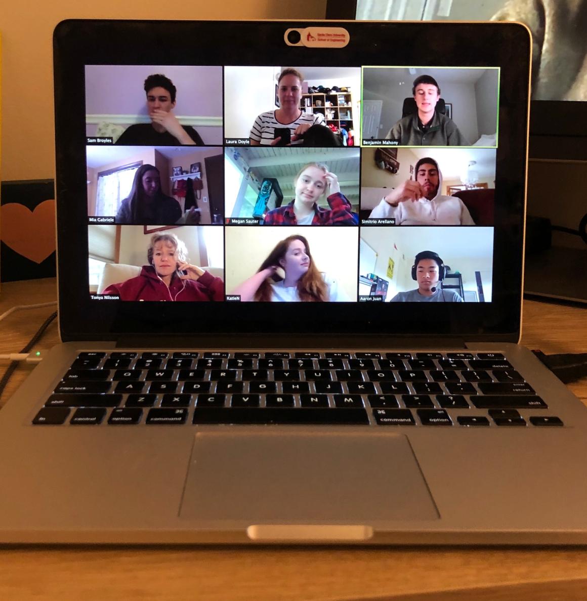 With spring break travel plans canceled, Engineers Without Borders travel team meets via Zoom to discuss potential summer travel. From left by row: Sam Broyles, Laura Doyle (faculty advisor), Ben Mahoney; Mia Gabriele, Megan Sauter, Simitrio Arellano; Tonya Nilsson (faculty advisor), Katie Neighbors, Aaron Juna