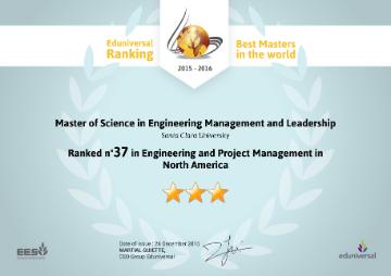 A diploma showing SCUs Engineering Management and Leaderships ranking as #37 by Eduniversal.