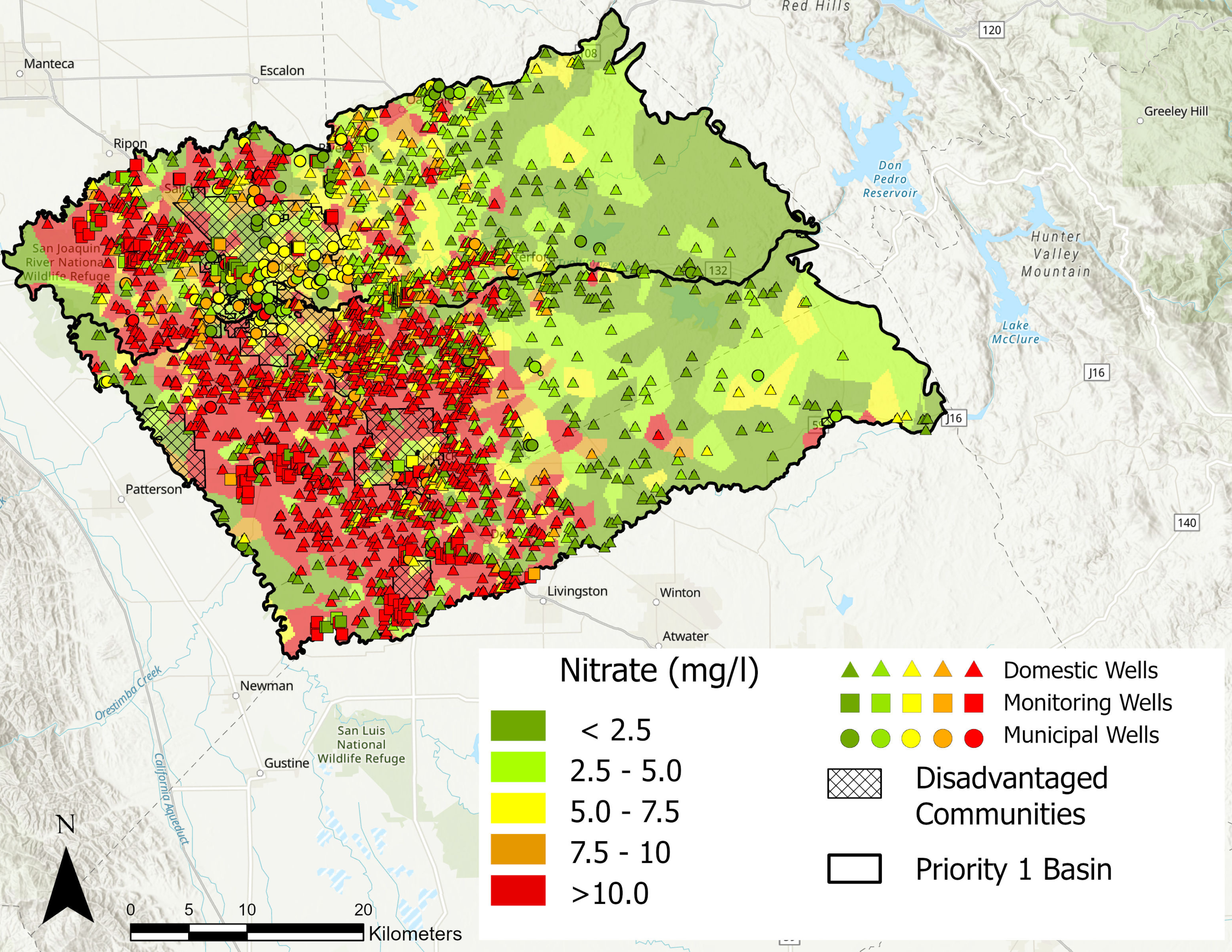 Nitrate Levels Throughout Stanislaus and Merced Counties vs. Locations of Disadvantaged Communities 