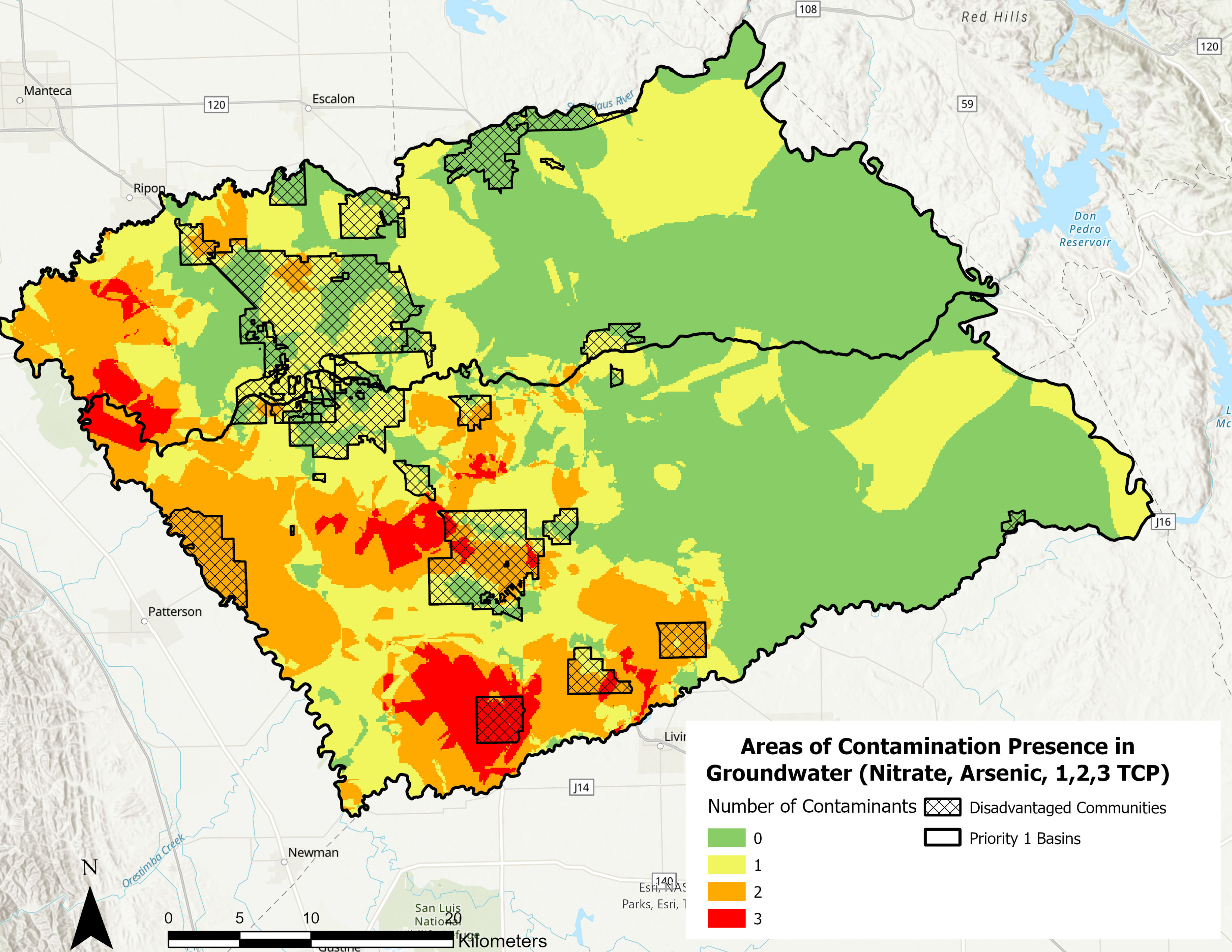 Distribution of Number of Groundwater Contaminants (Nitrate, Arsenic, 1, 2, 3 TCP) Present in Stanislaus and Merced Counties 