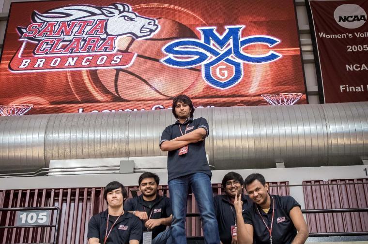 Ready for the big game against rival St. Mary's College—which Santa Clara won 71-70; go Broncos! From left: Benjamin Mullen, Yash Tamakuwala, Vishak Aprameya Shivakumar Kanakapura, Vemuluru Venkata Sri Harsha, Riktwek Swetank.