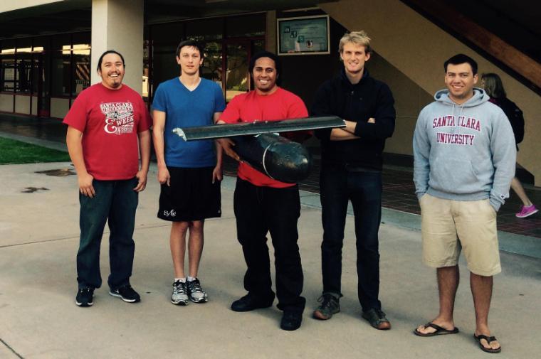 From left, Robert Llanos-Hinson, Thomas Clark, Siosiua Faleta, Micah Klaeser, and Michael Dewane with a portion of their prototype.