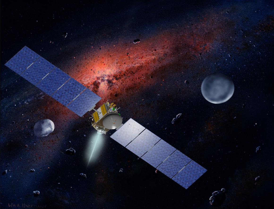 A satellite flying through space