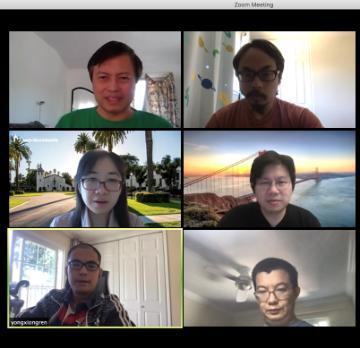 Screenshot of a six-person Zoom meeting with varied backgrounds.