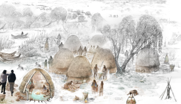 Two visitors exploring an artists rendering of a traditional Ohlone village in augmented reality. Illustration by Eric S. Carlson
