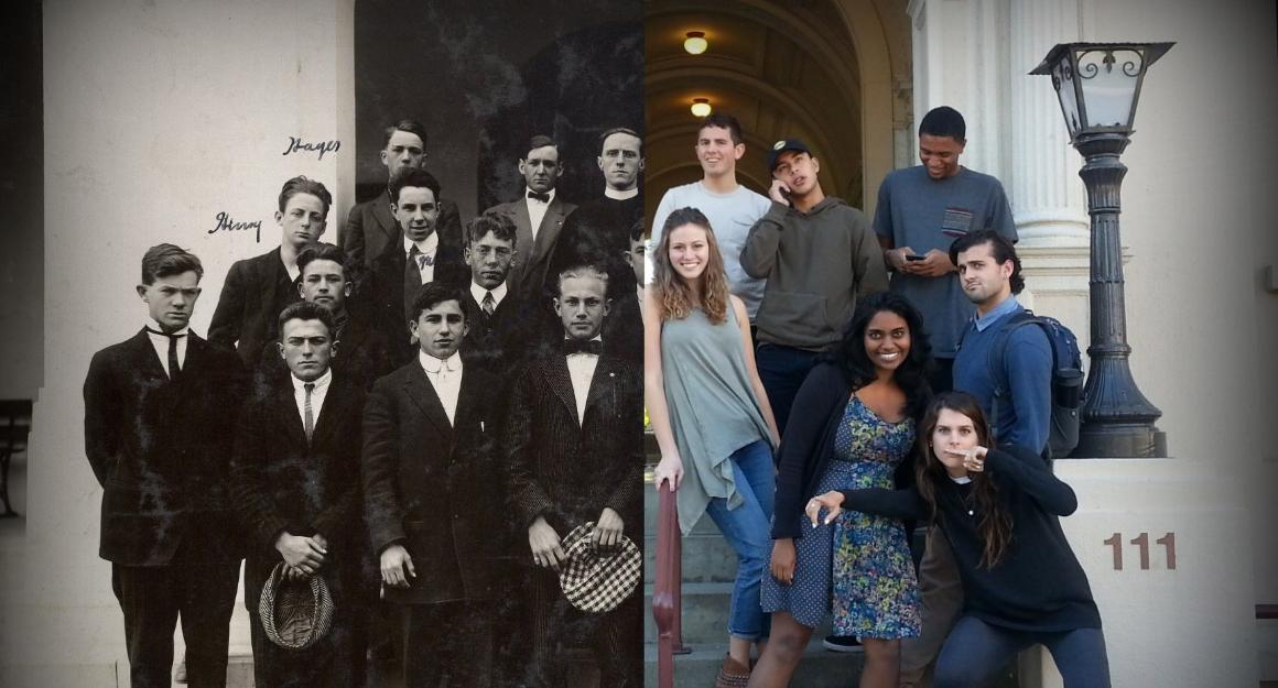 A collage of students from the alumni batch in black and white with the current batch in color photo 