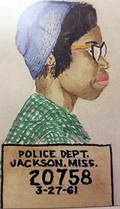 An illustration of Geraldine Hollis's mugshot after her arrest for sitting in at a  white library