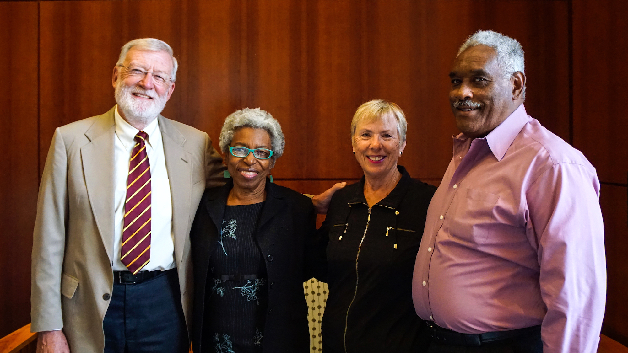 Wayne Wiegand, Geraldine Edwards Hollis, Shirley Wiegand, and Jack Hollis  reunite at the Library's Fall Book of the Quarter event