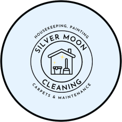 Circular logo with cleaning supplies in outline of a house