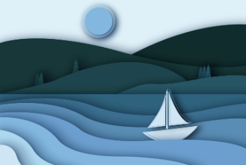 Illustration of sailboat on rippling water with hilly background under blue sky.