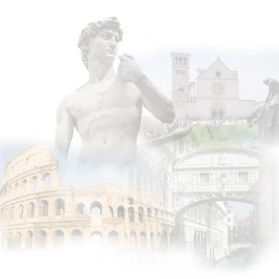 A mostly translucent image of an Italian cityscape with a statue in the foreground. 