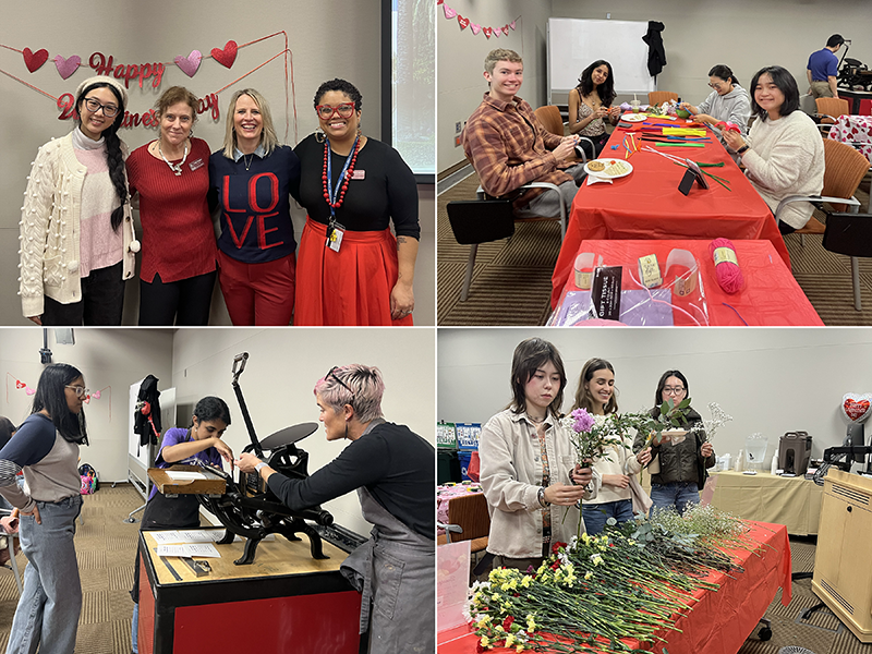 A collage of four photos - top left: DeeDee Pan, Amy Lueck, Britt Cain, Danielle Morgan; students and faculty doing crafts
