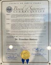 County of Santa Clara Board of Supervisors Commendation for Francisco Jiménez