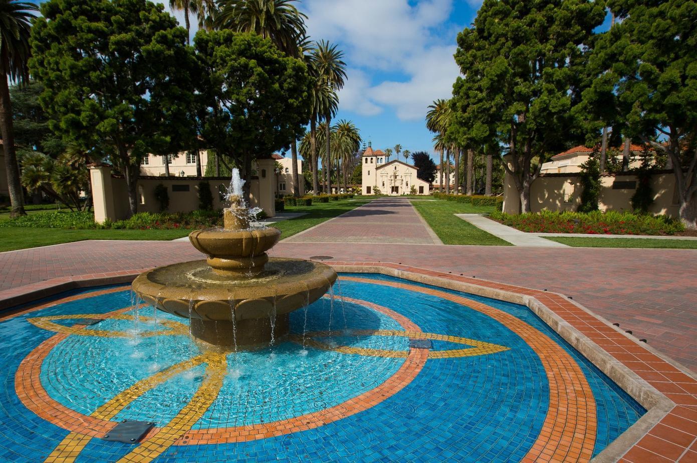 The Abby Sobrato Fountain in the foreground with Mission Santa Clara behind 