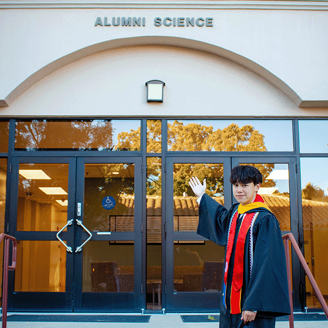 Lucas Tan outside Alumni Science Hall 