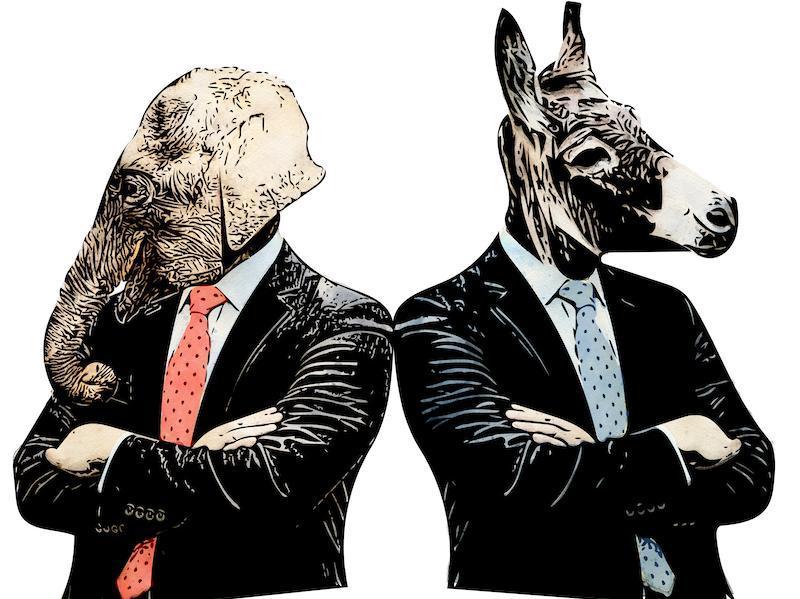 2 men in suits, one with an elephant's head representing Republicans, one with a donkey's head representing Democrats.