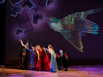 a skylark above performers on stage at Mayer Theatre. Photo Credit: Christian Pizzirani