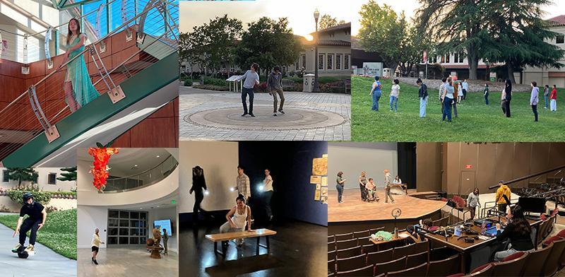 Collage of 7 photos from rehearsals of the new devised piece, 