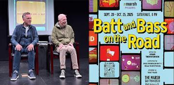 Left - 2 men seated with their backs to a projection screen showing, Right - 