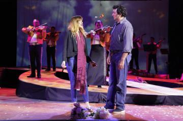 Aléxa Anderson, left, and Bernardo Bermudez with members of Mariachi Azteca in “Cruzar la Cara de la Luna” at West Edge Opera. Credit Cory Weaver/West Edge Opera