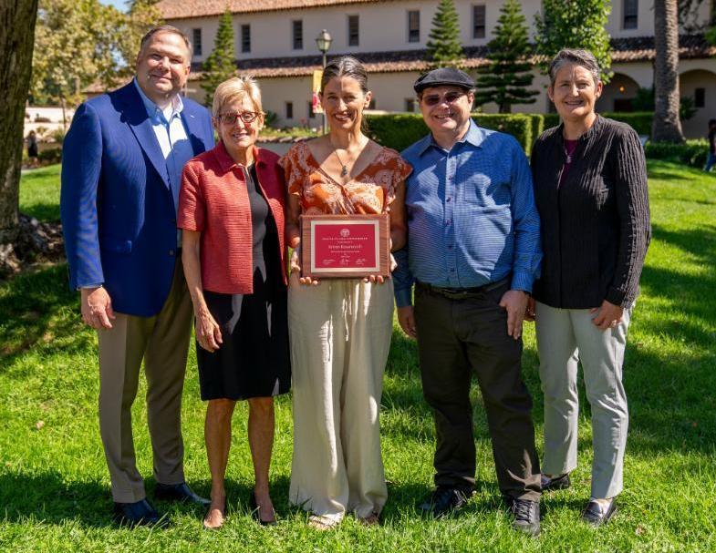 Faculty Senate Professor 2023 Kristin Kusanovich with SCU President and Provosts